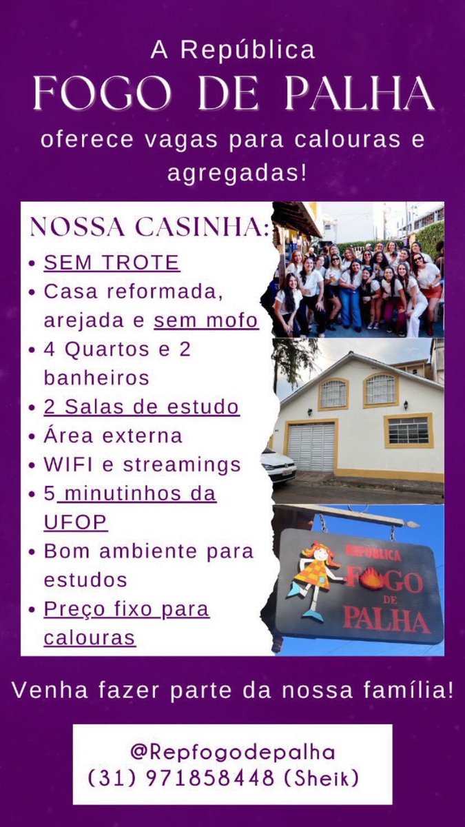 aelindyer's tweet photo. omg hiiii Parabéns pela aprovação, caloura! Passou na UFOP?

A república Fogo de Palha oferece vagas pra calouras de todos os cursos!!! 🔥🔥🔥

💜 Venha fazer parte da nossa família!

📩 Mais informações:
Instagram: @repfogodepalha https://t.co/glkyzfWeMY https://t.co/iRqk4IZB0L