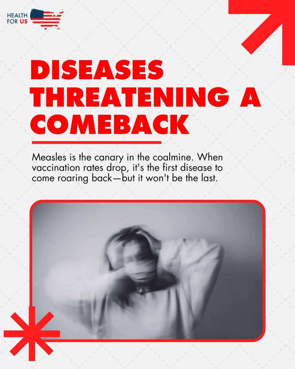Healthfor_US's tweet photo. Measles is the canary in the coalmine. When vaccination rates drop, it's the first disease to come roaring back—but it won't be the last. A quarter of 2025's total measles cases have already hit the U.S. in under two months. The world gave us a warning. Are we listening?

Swipe to see more diseases that may follow the canary.