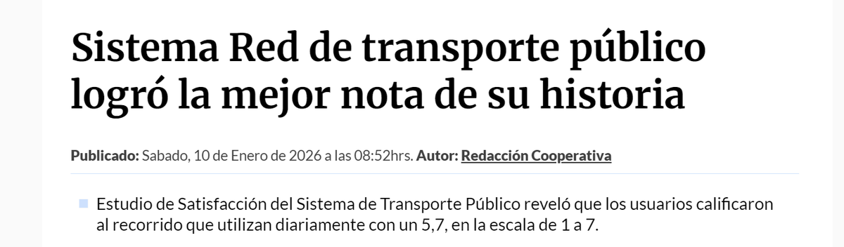 <a href="/biobio/">BioBioChile</a> Enero 2026: Los usuarios califican al Sistema de Transporte Público con la nota mas alta de su historia. El Ministro entrante: Hay muchos buses ... 🤦