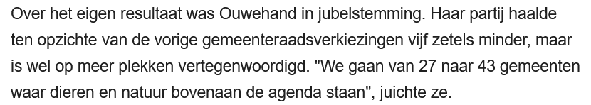 5 zetels minder, maar we vieren feest.. Ze zijn alleen maar bezig met Israel en extreemfacistisichbruinrechts ipv met de dieren en de natuur...