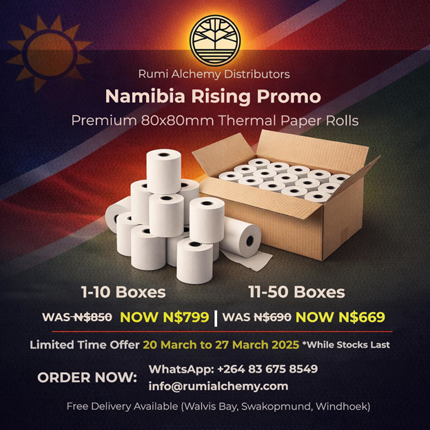 KASIpromotions's tweet photo. 🇳🇦 Namibia Rising Promo ☀

Premium 80x80mm thermal paper rolls for:
Retail stores • Supermarkets • Restaurants • Betting Shops • POS systems

🔥 LIMITED TIME DEAL:
✔️ 1–10 Boxes → N$799 (excl)
✔️ 11–50 Boxes →  N$669 (excl)
⏳ 20–27 March only
📲 Order now https://t.co/TJ820u7jFZ