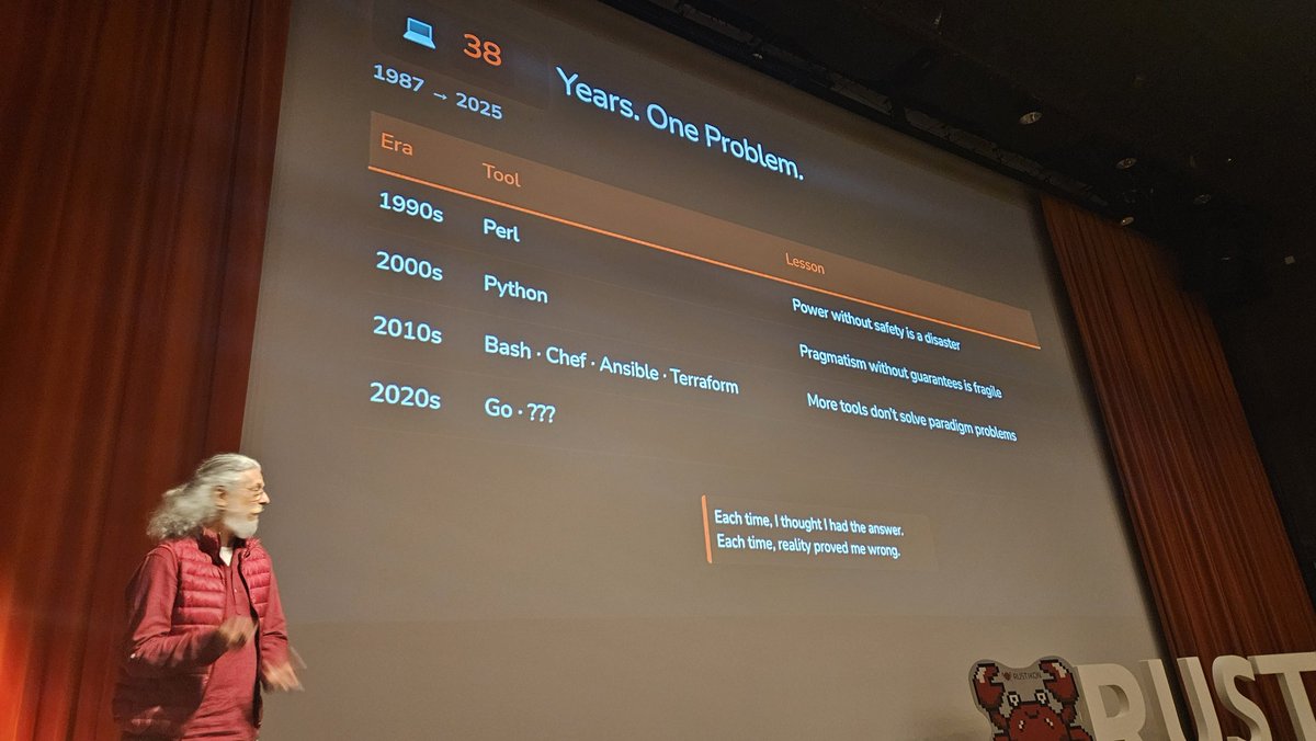 rustikonconf's tweet photo. Jesús Pérez dedicates his presentation to infrastructure engineers, SREs, platform teams, and Rust developers who've felt the pain of configuration drift, failed deployments, and infrastructure code that simply doesn't scale safely. https://t.co/7FlQ4MtXGO