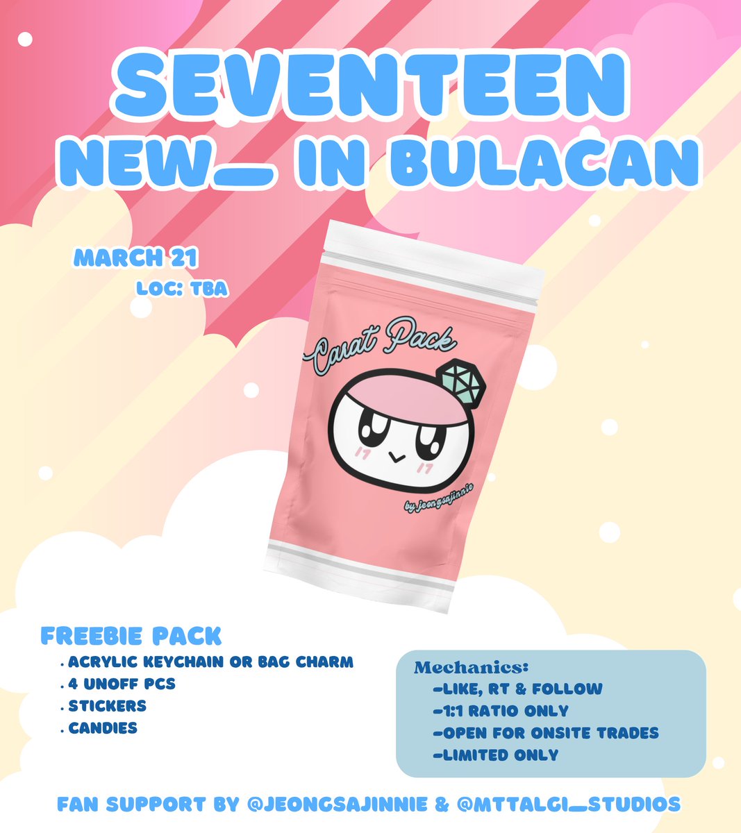 Seventeen NEW_ in Bulacan
fan support by jeongsajinnie &amp; <a href="/mttalgi_studios/">Moon 딸기 Studios | Printing Services OPEN</a>

🩷 march 21
🩷 like, rt &amp; follow <a href="/mttalgi_studios/">Moon 딸기 Studios | Printing Services OPEN</a>
🩷 will post loc on d-day
🩷 onsite trades

see you all caratdeul!💖

#SEVENTEEN_NEW_IN_BULACAN
#NEW_BULACAN