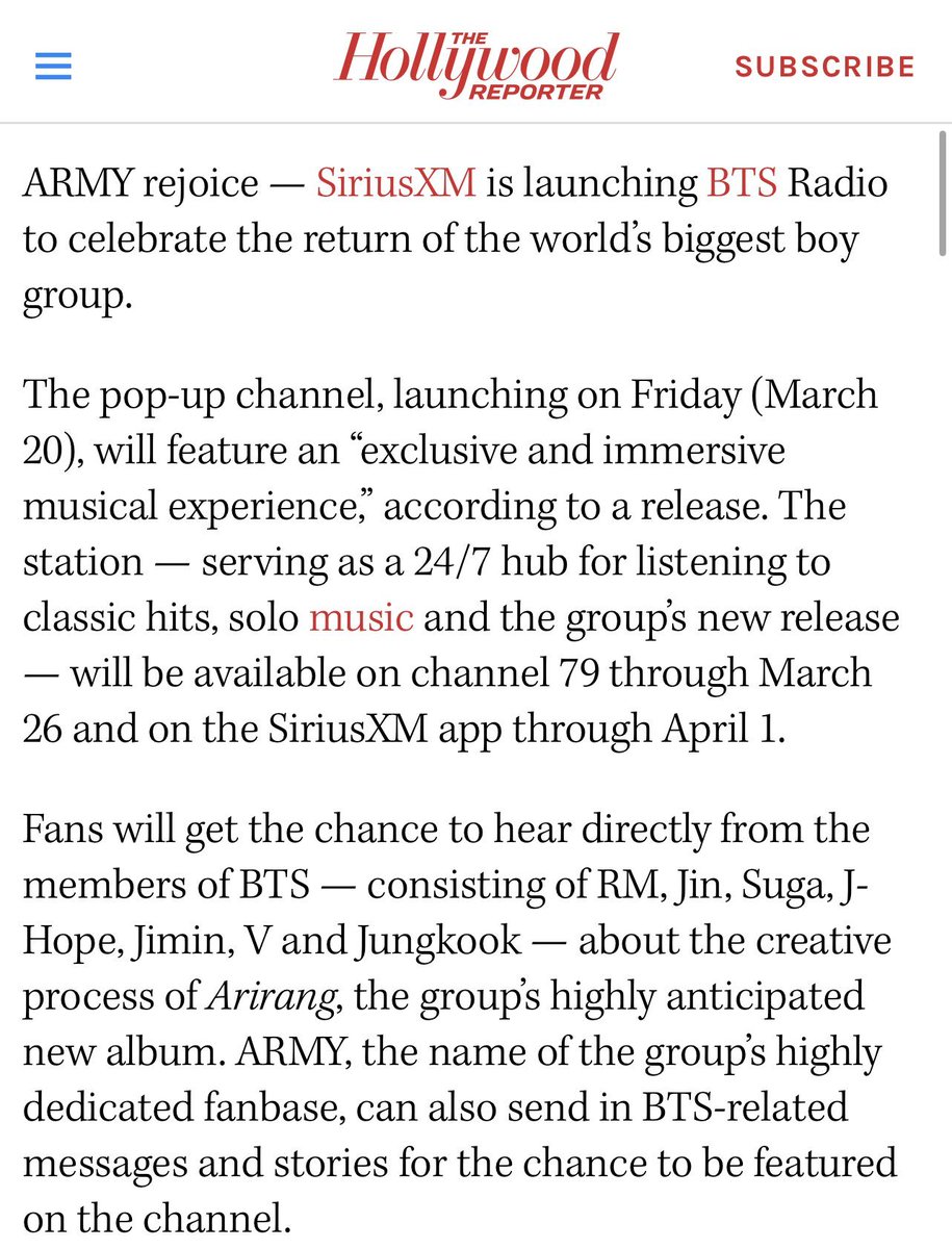 ARMYForce_Peru's tweet photo. — SiriusXM lanzará BTS Radio para celebrar el regreso del grupo masculino más grande del mundo, #BTS.

El pop-up channel, que se lanzará el viernes (20 de marzo), ofrecerá una “experiencia musical exclusiva e inmersiva”, según un comunicado. La emisora —que funcionará como (+) https://t.co/k7AwdKiXAe
