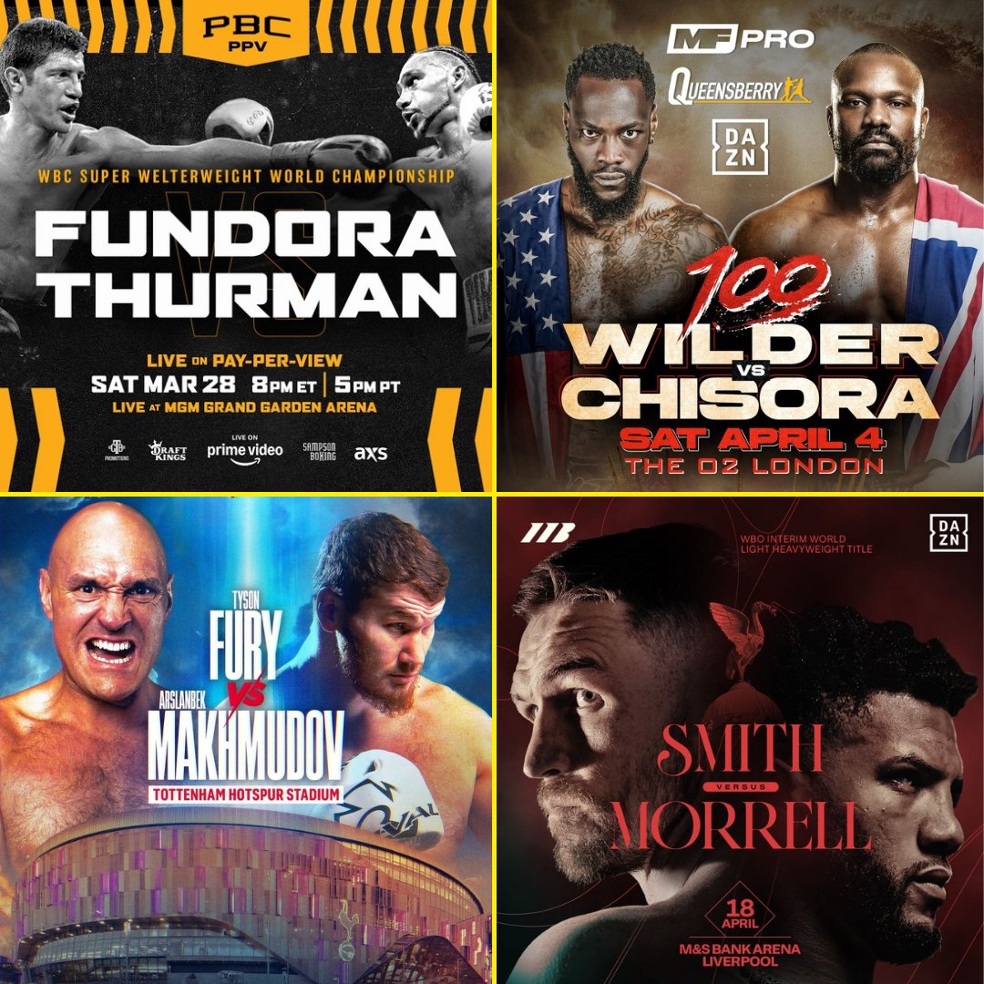 💥 NEXT 4 WEEKS OF BOXING 

1️⃣ Mar 28: Sebastian Fundora 🆚 Keith Thurman
2️⃣ Apr 4: Deontay Wilder 🆚 Derek Chisora
3️⃣ Apr 11: Tyson Fury 🆚 Arslanbek Makhmudov
4️⃣ Apr 18: Callum Smith 🆚 David Morrell