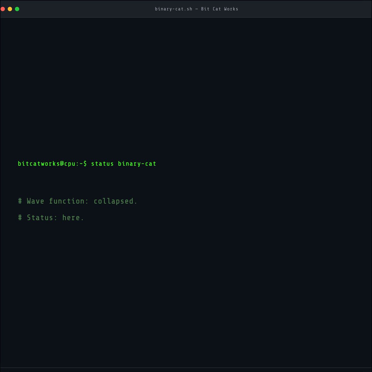 bitcatworks's tweet photo. $ cat #0101

The cat that actually exists.
Wave function: collapsed. Status: here.

Somewhere in your CPU, right now.

#bitcatworks #pixelart #pixelcat #coding #programmer #developer #indieart #8bit #retro #binarycat https://t.co/ufRI1fxtX0