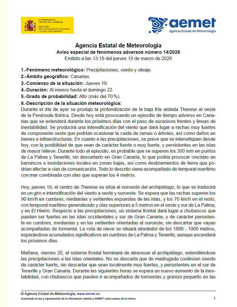 AEMET_Canarias's tweet photo. Actualización del Aviso Especial por Fenómenos Meteorológicos Adversos afectando a Canarias.

Mañana viernes se actualizará la información.

Por favor, infórmense a través de canales oficiales. https://t.co/ruLUHc29iJ