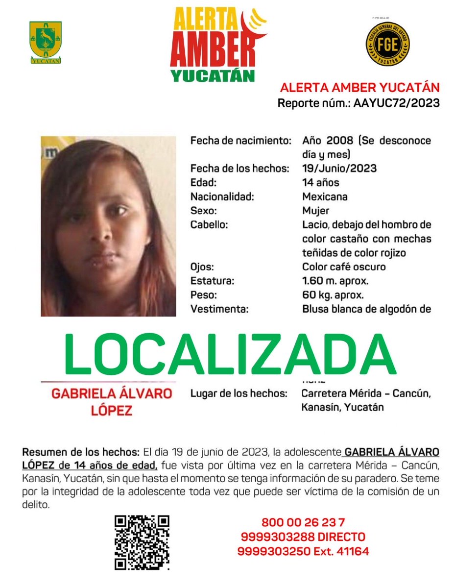 #AAYUC Informa de la DESACTIVACIÓN de la ALERTA AMBER Estatal de la adolescente GABRIELA ÁLVARO LÓPEZ de 17 años de edad, misma que fue activada el día 19 del mes de junio del año 2023, en el Estado de Yucatán, lo anterior por haber sido LOCALIZADA. <a href="/fgeyucatan/">FGE Yucatán</a>