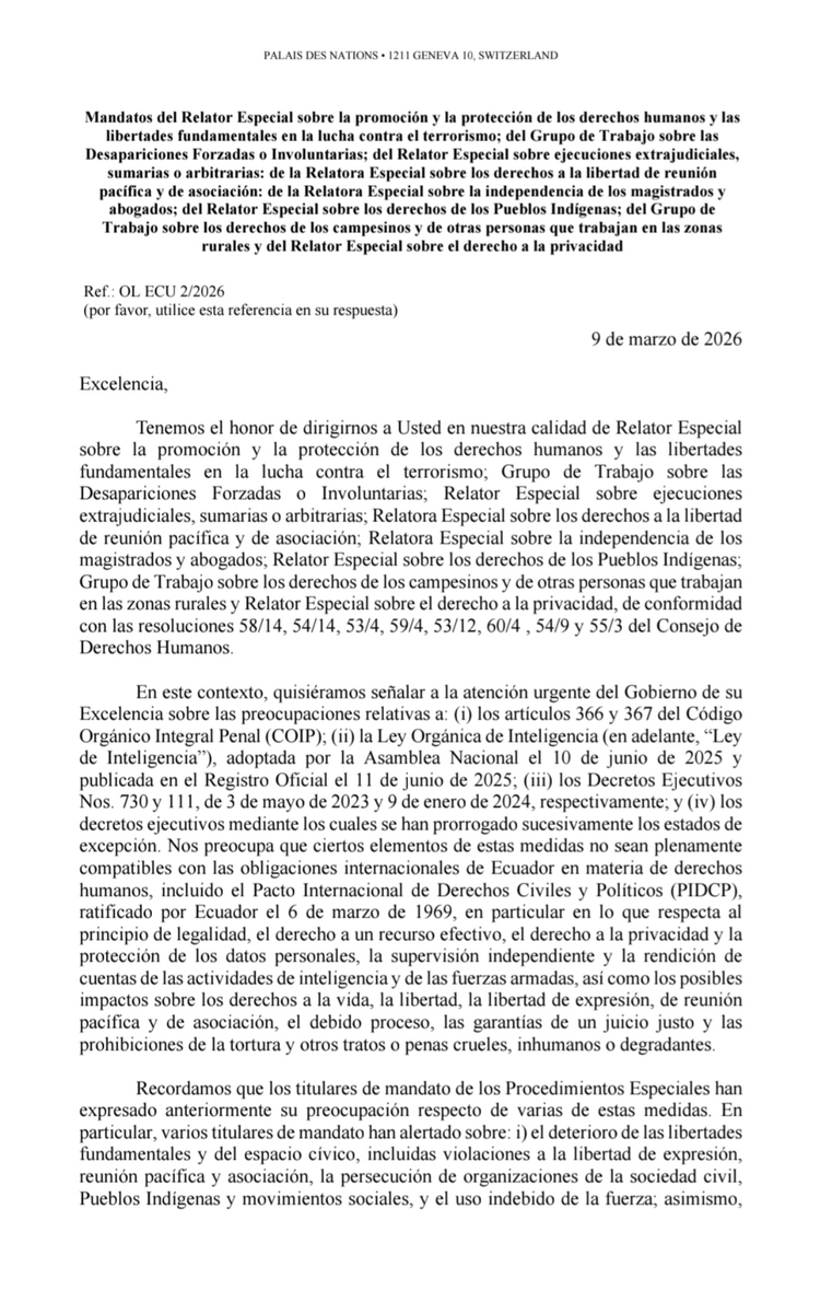 #Infotransparent
Jueves 19 de marzo de 2026
<a href="/EcTransparent/">TRANSPARENT REPUTATION CONSULTING</a> AL DÍA+

RELATORES DE LA ONU ALERTAN SOBRE POSIBLES VULNERACIONES DE DERECHOS HUMANOS EN ECUADOR POR NORMATIVAS DE SEGURIDAD

Un grupo de expertos de la Organización de las Naciones Unidas expresó su preocupación por
