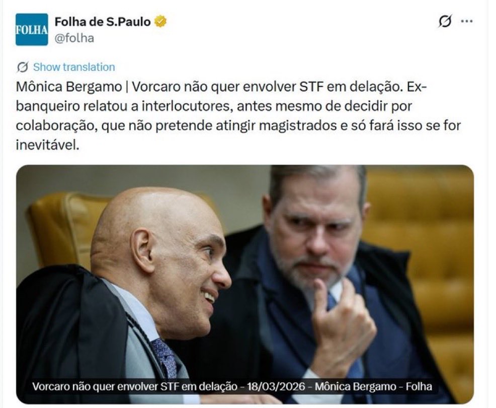 Confessou que tem o que delatar e usou jornalista para mandar recado (fazer chantagem). Tomara que seja inevitável, então. Delata, Vorcaro!