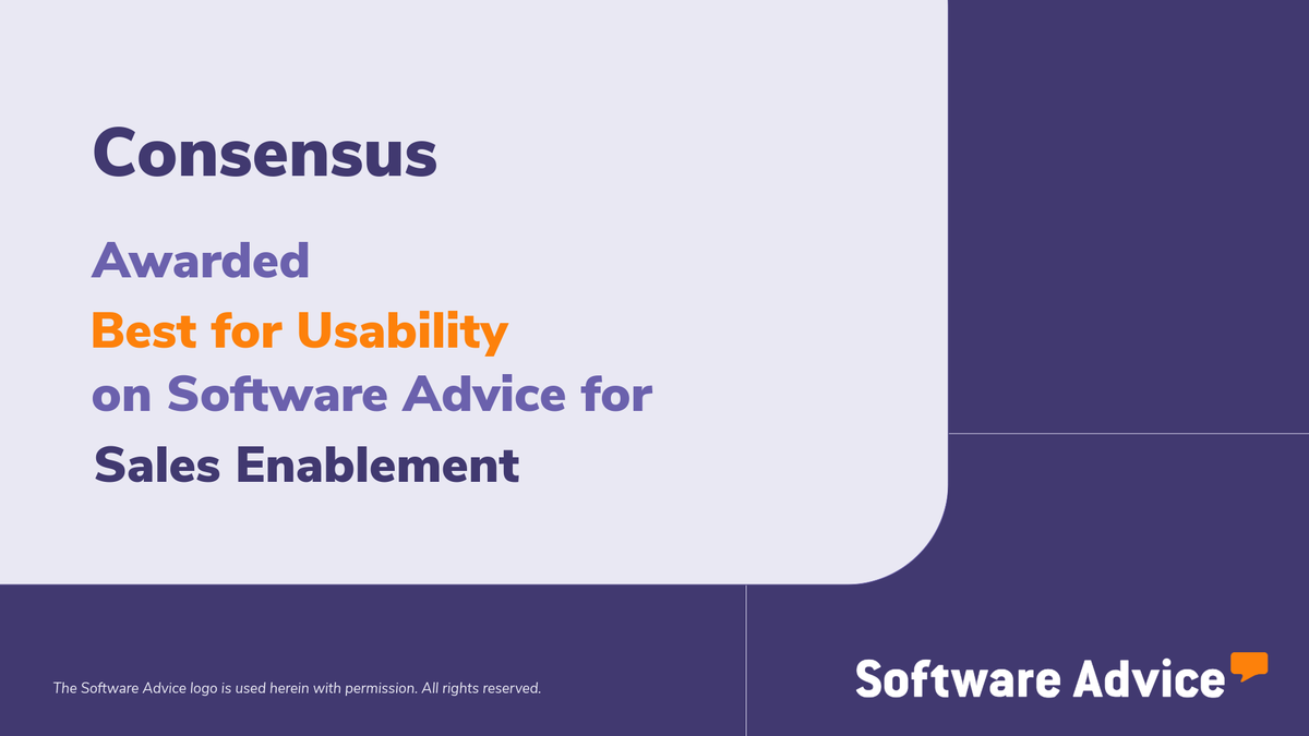 goconsensus's tweet photo. Consensus was just named Best for Usability in the Best Sales Enablement Software Report by Software Advice.

This recognition validates our big bet: The buyer experience is the product. And if it’s not simple, it doesn’t scale.
A big thank you to our customers! Onward 🚀 https://t.co/HJYbMdRbdi