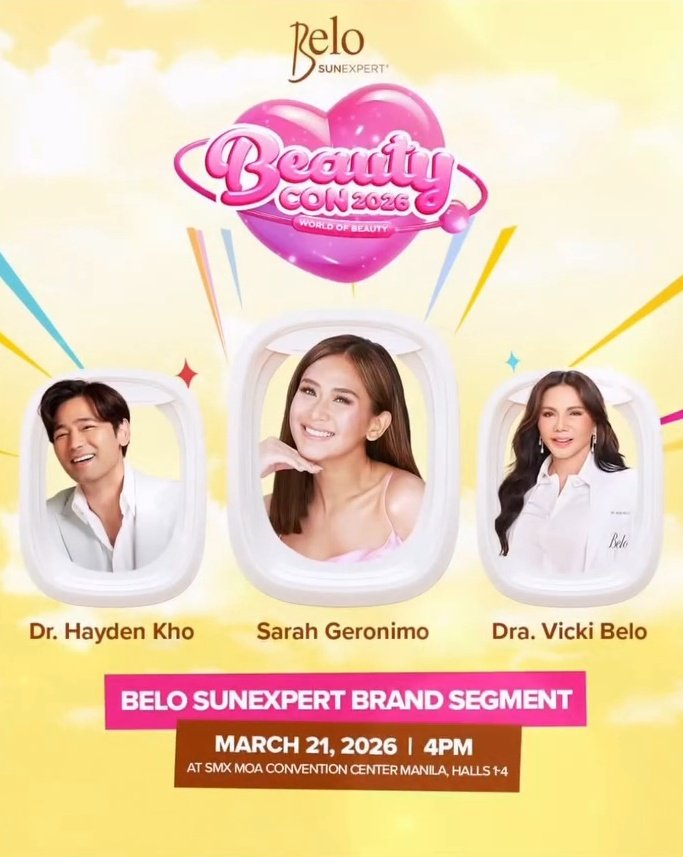 .<a href="/BeloSunExpert/">Belo SunExpert</a> brand ambassador Sarah G will be at #Beautycon2026 this Saturday! 

📅 March 21, 2026 | 4PM 
📍 SMX Convention Center Manila

<a href="/JustSarahG/">Sarah Geronimo</a> #SarahGeronimo 
<a href="/VickiBelo/">Victoria G. Belo, MD</a> #BeloSunExpert