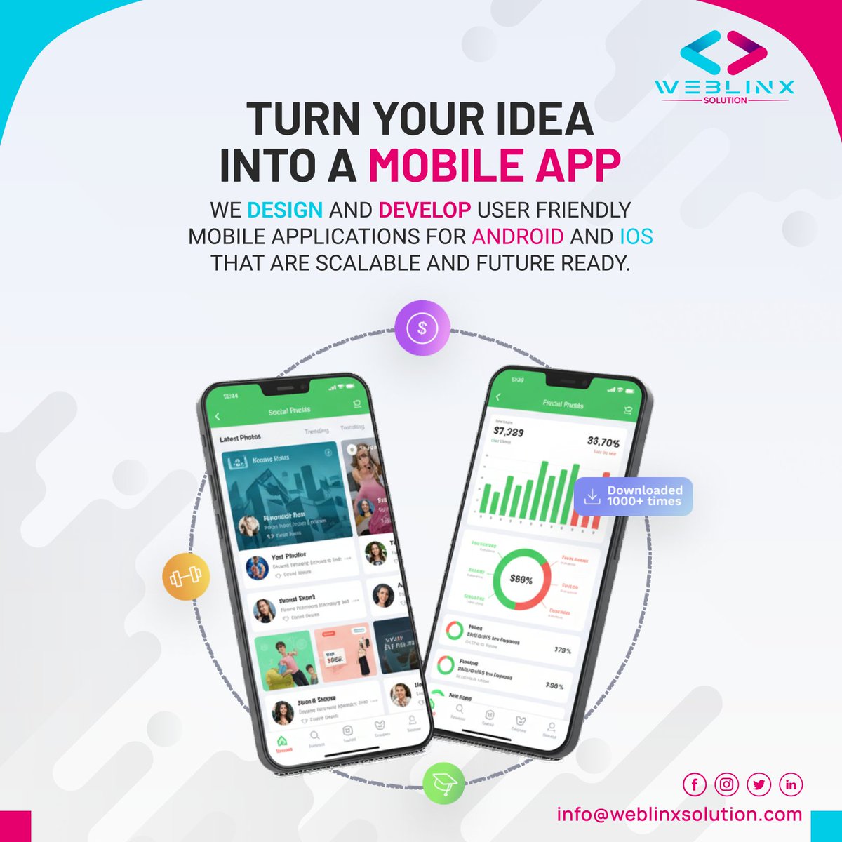 WeblinxSolution's tweet photo. Turn your idea into a powerful mobile app 🚀
We design and develop user-friendly apps for Android and iOS that are built to scale and grow your business.

Let’s build your app today. Contact us now.

#MobileAppDevelopment #AppDesign #StartupGrowth #iOSApps #WeblinxSolution https://t.co/LNXSOjH1tJ