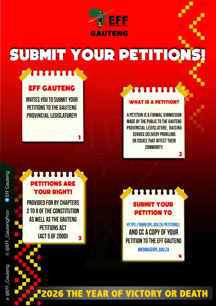 The EFF Gauteng invites members of society to submit petitions( Service Delivery Concerns) to the Gauteng Provincial Legislature. 

The EFF will take up the struggles of our communities to the legislature and ensure their concerns are addressed.

The details for submission are