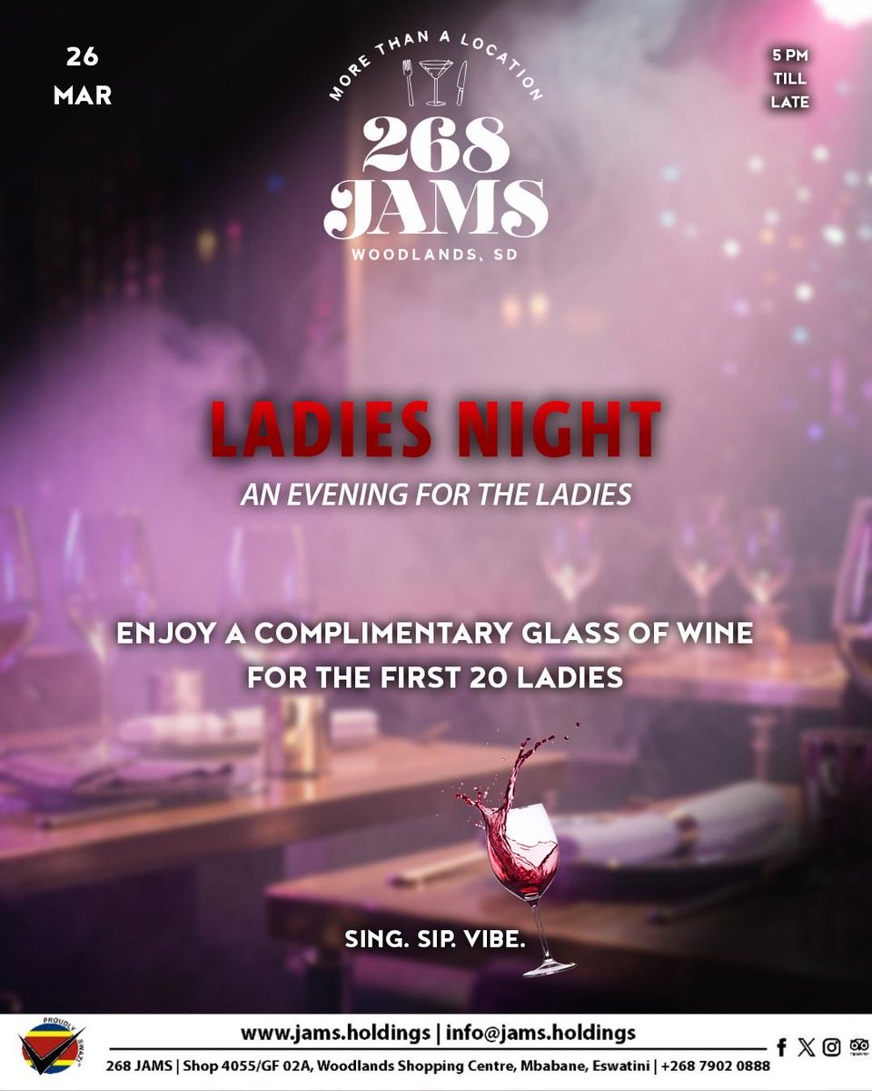 Calling all ladies 💃✨
Join us next Thursday at 268 JAMS for a night of vibes. First 20 ladies get a FREE glass of wine.

#ladiesnight
#winelovers