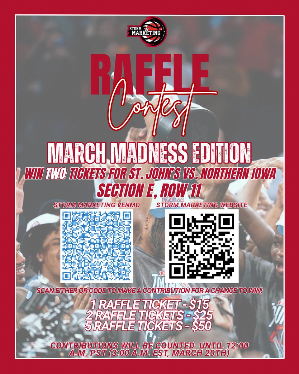 StormMarketing4's tweet photo. JOHNNIES! Are you out in San Diego and looking for tickets to the game vs. Northern Iowa tomorrow? Storm Marketing has you covered!🔥

Enter our raffle to win a chance to win TWO tickets (SECTION E, ROW 11) to St. John's vs. Northern Iowa tomorrow night!

To enter our raffle, click the links below to make a custom contribution on our website or the official Storm Marketing Venmo. All contributions will be counted until 12:00 A.M. PST (3:00 A.M. EST on March 20th)

Storm Marketing Contribution Page:
https://t.co/uyHLoQ3f09

Storm Marketing Official Venmo:
https://t.co/XoHGZnZphf

Good luck to all participants and LET'S GO JOHNNIES! 🔴⛈️

A special thank you to a generous Storm contributor who was generous enough to contribute these tickets for our raffle!

#WeAreNewYorksTeam #WeAreStJohns #NewYorkStateOfGrind #StormMarketing #SJUBB
