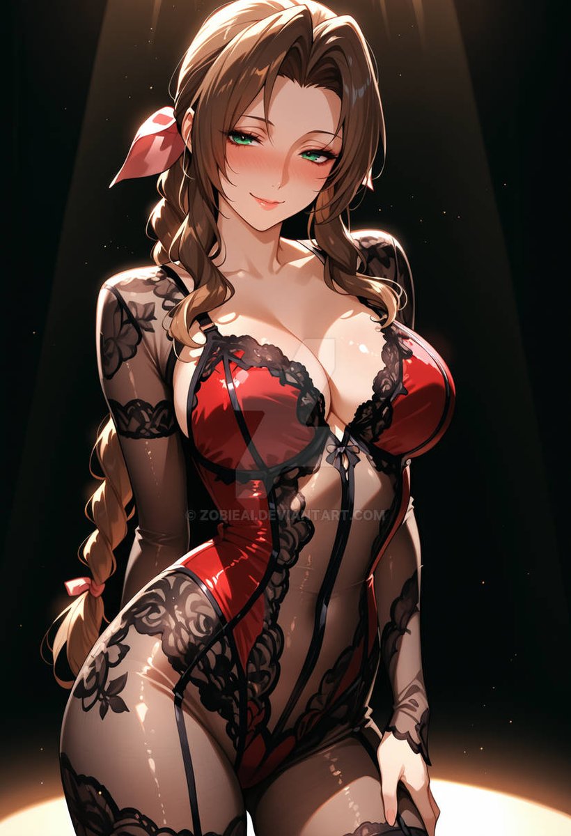 MidgarsFl0wer's tweet photo. *Aerith smirks as she see's a blush on the "readers" cheeks*

What's the matter? Didn't expect someone as sweet and innocent as me could be a little risky huh? Good because being predictable all the time is kind of tiring

Plus, I'm happy with my body might as well show off https://t.co/P0NhuGI9WG