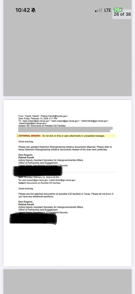 In Feb., DHS sent Gov. <a href="/GregAbbott_TX/">Greg Abbott</a>’s office documents on new possible ICE detention facilities in Texas 

In response to my TPIA, the Gov.’s office sent me 38 documents. All but 2 of them are redacted. The only 2 that weren’t redacted was emails from DHS sending the docs.