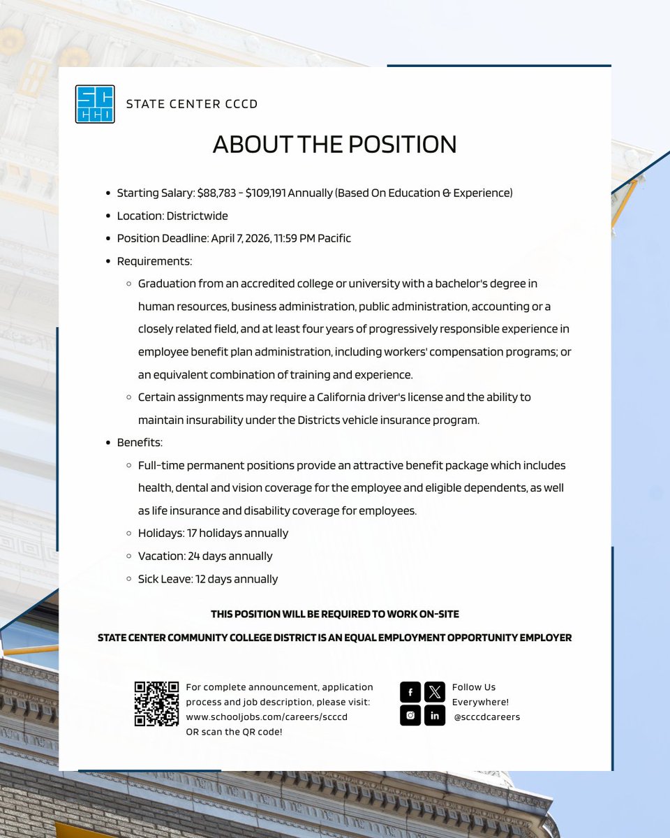 scccdcareers's tweet image. SCCCD is hiring a Benefits Coordinator (Confidential). Bring your HR expertise and make a meaningful impact supporting our employees! Apply today: schooljobs.com/careers/scccd #NowHiring #HRCareers #BenefitsJobs #HigherEdCareers #SCCCD
