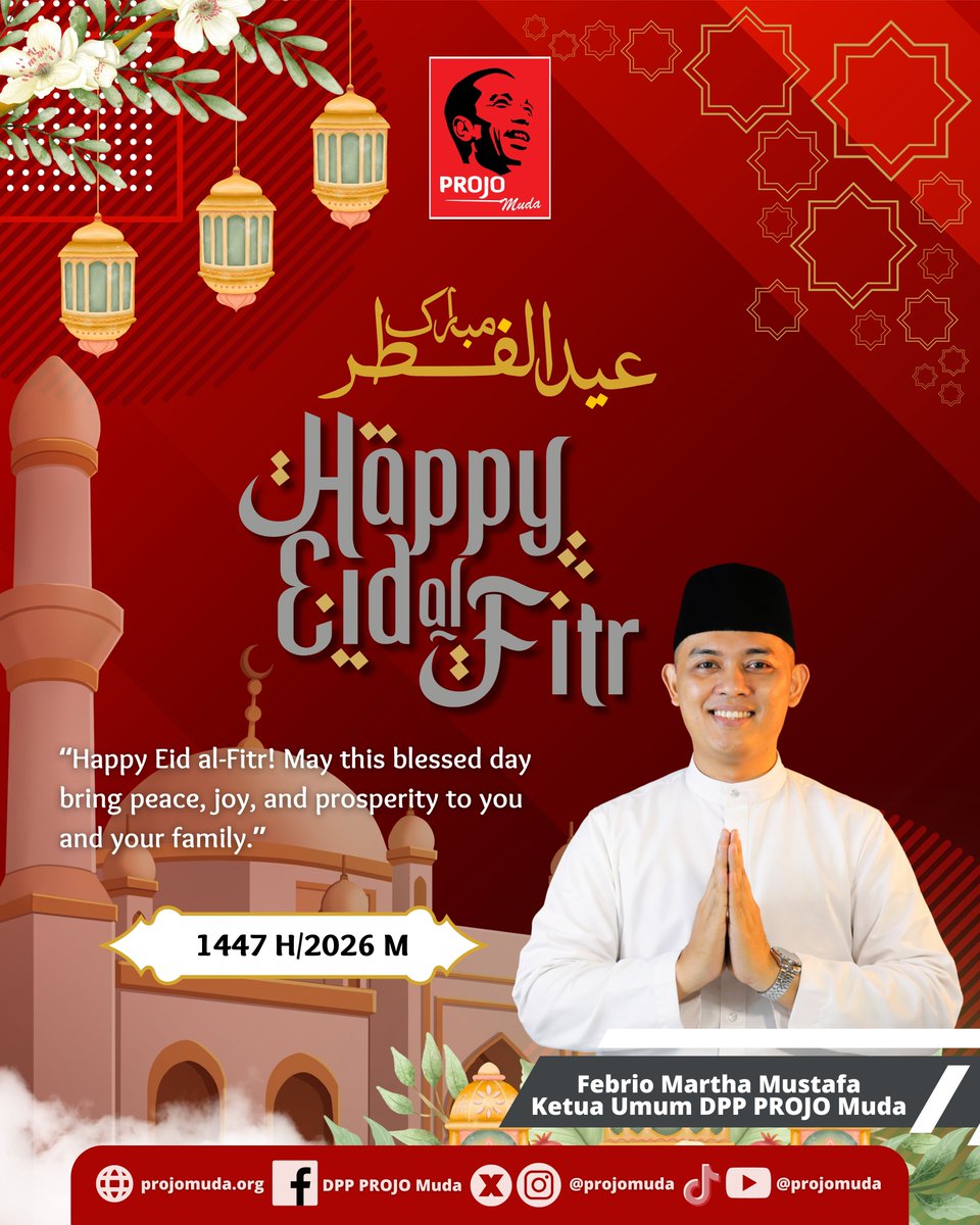 Projo_Muda's tweet photo. “Happy Eid al-Fitr! May this blessed day bring peace, joy, and prosperity to you and your family.”
1447 H/ 2026 M
#idulfitri 

PROJO MUDA
Muda, Mengabdi, Mendunia
#YouthCapitalDevelopment 
#projo #projomuda https://t.co/ZwMMWYwC55
