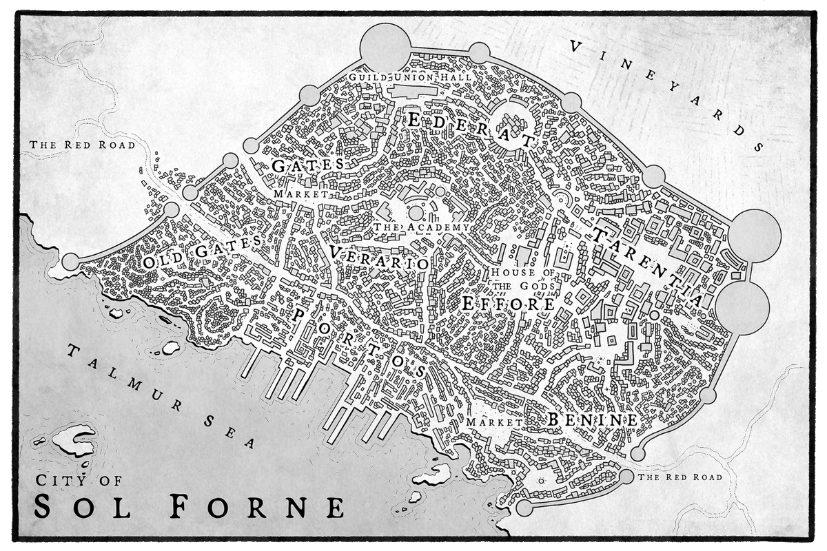 I love city maps! 🏰
Map of Sol Forne by <a href="/Dewiwrites/">Dewi - Map Artist 🏹🕯</a> 

At the southern coast of Hovardom, Sol Forne is blessed by warm climate perfect for growing the best wine grapes in the entire world 🍇🍷

Which district are you visiting?