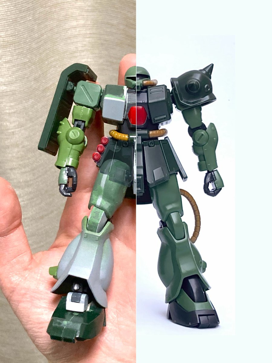 ザクII改
両面テープで四肢をくっつけてバランス確認
スカートは取り付けてないのでコラージュ
腕と脚は旧キットをベースにして太くしたけど、腰が短く見えちゃうかな
スカート長くするか？