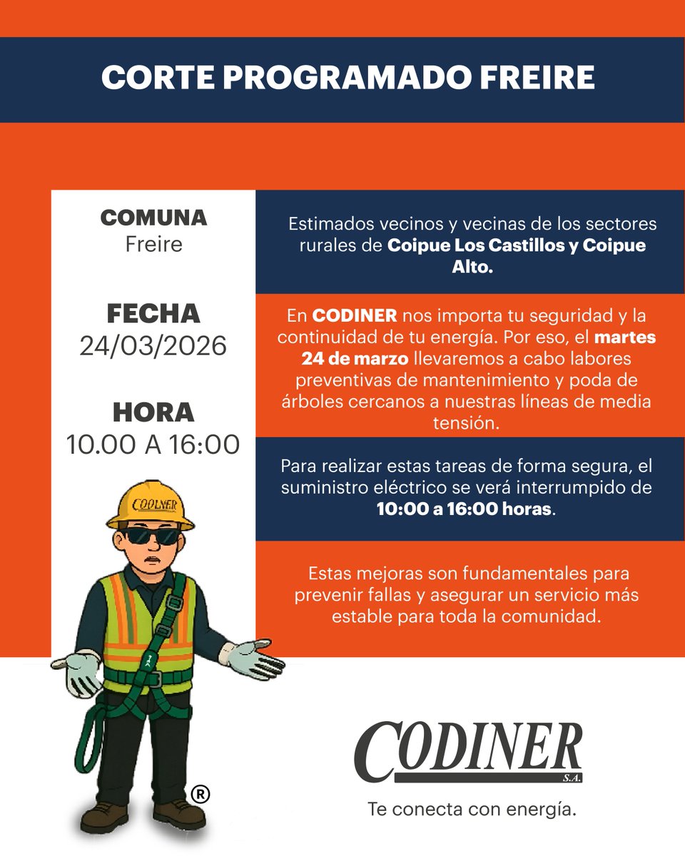 CODINER informa que, con el fin de realizar labores de mantenimiento en las líneas de media tensión y despeje de vegetación (poda), se llevará a cabo un corte programado de energía:

Fecha: Martes 24 de marzo de 2026.

Horario: 10:00 a 16:00 horas.