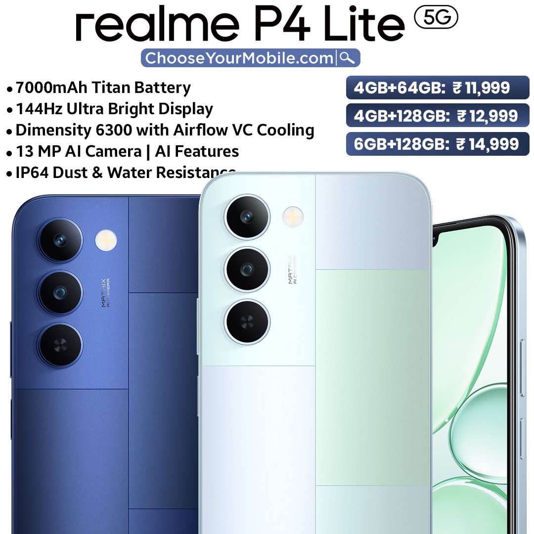 chooseyourmobi2's tweet image. The Realme P4 Lite 5G is a budget 5G phone with a huge 7000mAh battery, 6.8″ 144Hz display, and MediaTek Dimensity 6300 chipset. Running , it also features IP64 protection, AI tools, and a low price—great for everyday users. 🔋

Details: chooseyourmobile.com

#RealmeP4Lite5G