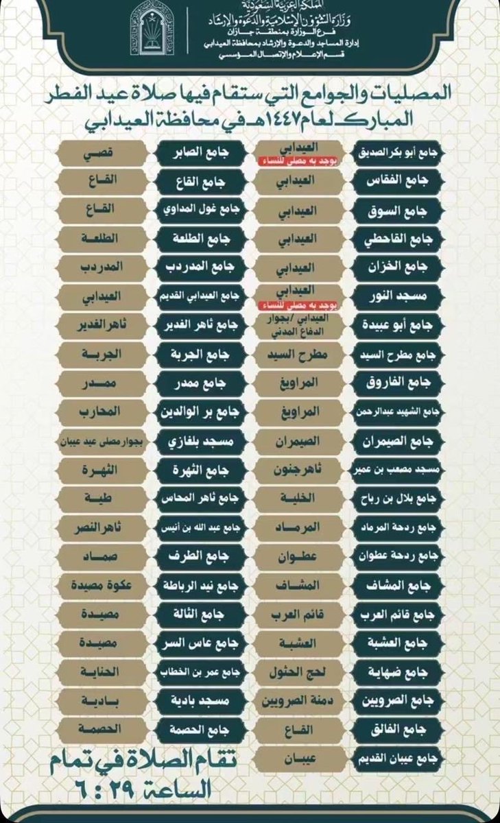 AkhbarBlghazi's tweet photo. #الصورة |
حددت إدارة المساجد والدعوة والإرشاد بمحافظة #العيدابي "43" جامع ومصلى لأداء صلاة وخطبة #عيد_الفطر_المبارك لهذا العام 1447هـ، وستقام صلاة العيد بمشيئة الله في تمام الساعة 6:29 صباحاً بجميع مصليات المحافظة ومراكزها.
#عيد_الفطر_المبارك2026 https://t.co/KrKcsMZ358