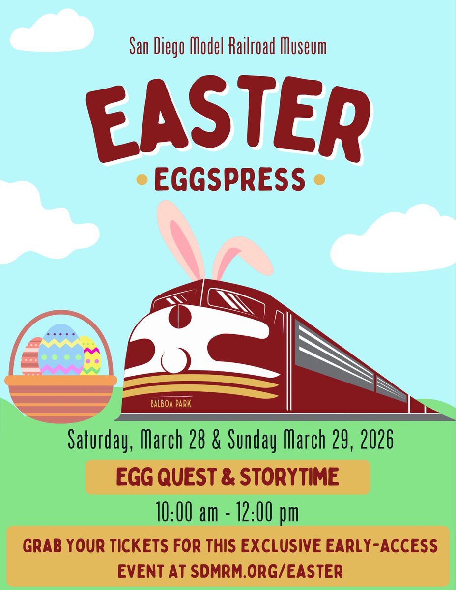 sdmodelrailroad's tweet image. Easter plans start here 🐰🚂 Join us for Easter Eggspress &amp;amp; Storytime! Kids enjoy an egg quest, storytime, crafts, and photos with the Easter Bunny—before we open. Plus, tickets include full-day admission! 🎟️ Get yours: sdmrm.org/easter #SanDiegoEvents #FamilyFunSD
