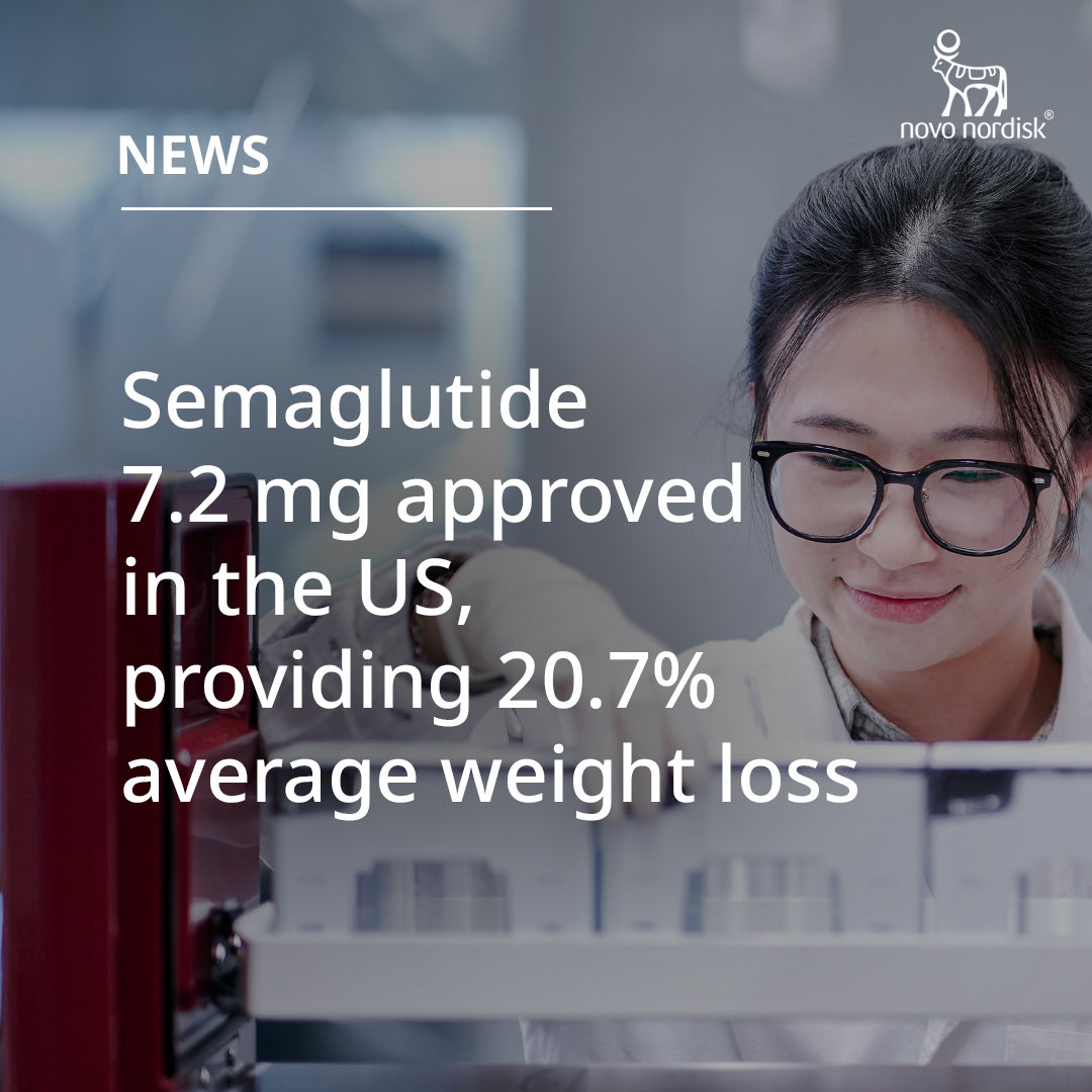 novonordisk's tweet image. #PRESS The US Food and Drug Administration (FDA) has approved our once-weekly high-dose injectable semaglutide (7.2 mg) to reduce excess body weight and maintain more weight loss long-term. 
 
Learn more in the company announcement here: novonordisk.com/news-and-media…