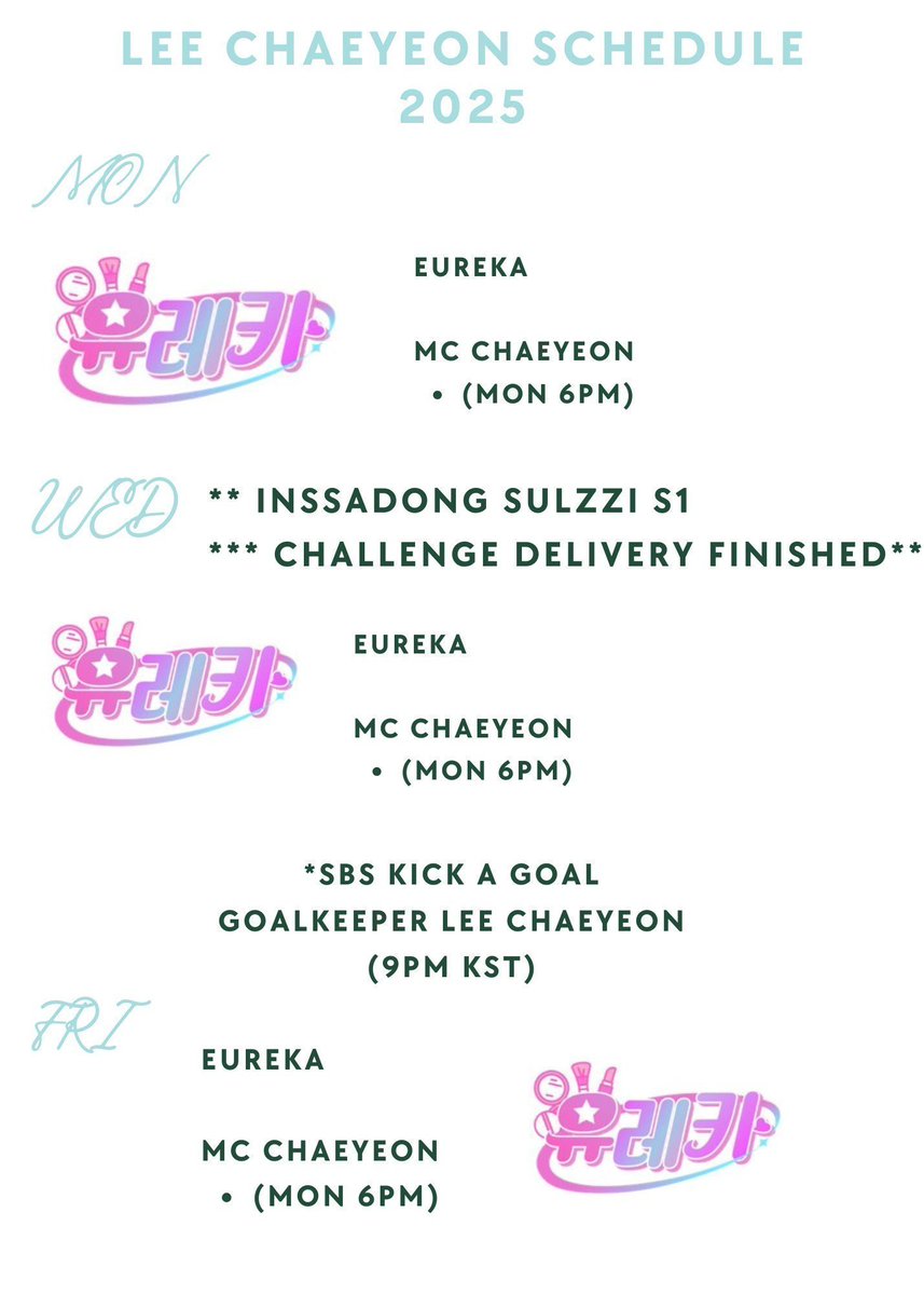 LEE CHAEYEON SCHED

TBA/UPCOMING SCHED
NEW DRAMA - TBA 
APRIL COMEBACK👀
WOOJIN &amp; CHAEYEON CONTENT - TBA

𝒸𝒽𝒶𝑒-𝒶𝓇𝒸𝒽🆕
KICK A GOAL ⚽
SHANGHAI, CHINA FANMEETING🎤🆕

YT tiny.cc/dpvy001
[PARENTING,CHAEYEON]🆕

#이채연 #LEECHAEYEON <a href="/official_LCY/">이채연(LEE CHAE YEON) Official</a> <a href="/cc_chaeyeon2/">캐릭캐릭 채연이</a>