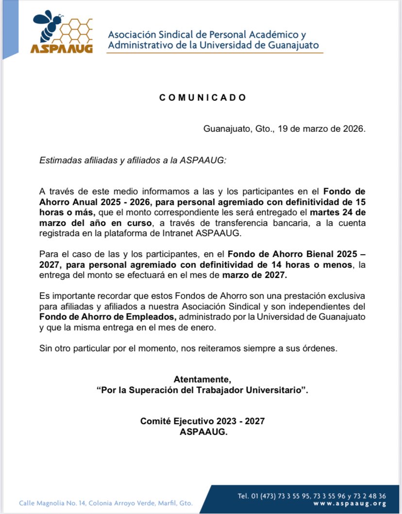 🗣️ La ASPAAUG informa:

Entrega del Fondo de Ahorro Anual 2025 - 2026.

#ASPAAUGcontigo