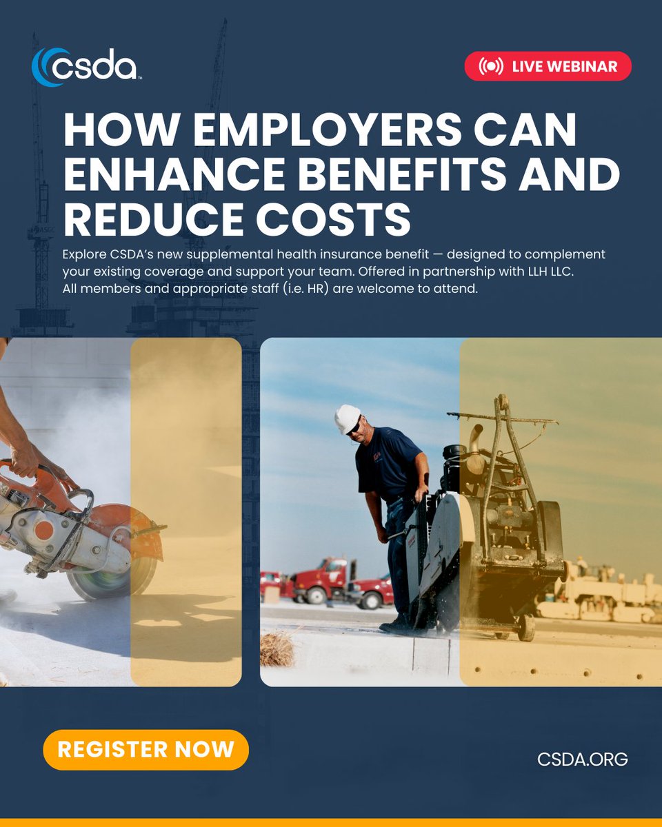CSDAconcrete's tweet photo. Enhance your employee benefits. Reduce employer costs.
This webinar is open exclusively to CSDA members and their HR staff.
Register here: https://t.co/uRZwoxkbRJ
Not a member? Join CSDA today to attend. https://t.co/nlvrN4oKrx