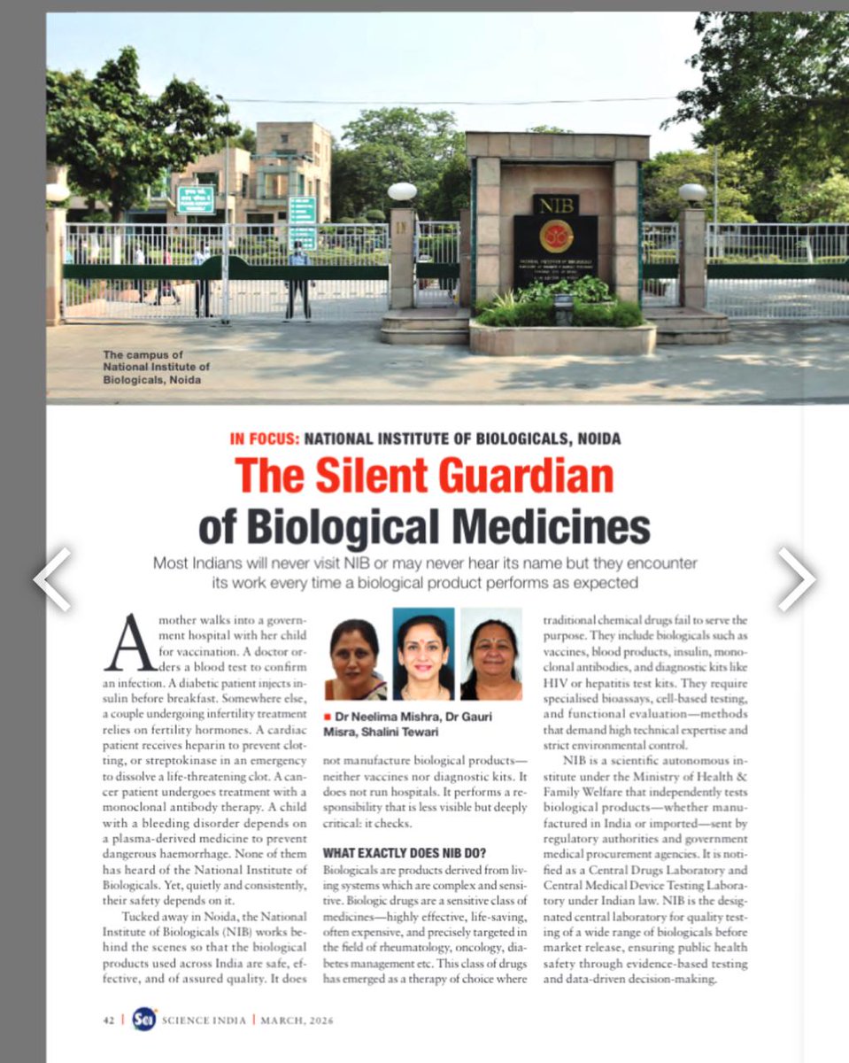 ViBHaMeerut's tweet photo. NOIDA, INDIA — The March 2026 issue of Science India magazine shines a spotlight on the National Institute of Biologicals (NIB), Noida, labeling it "The Silent Guardian of Biological Medicines" for its indispensable role in safeguarding India’s public health. https://t.co/grZeEvfEoX