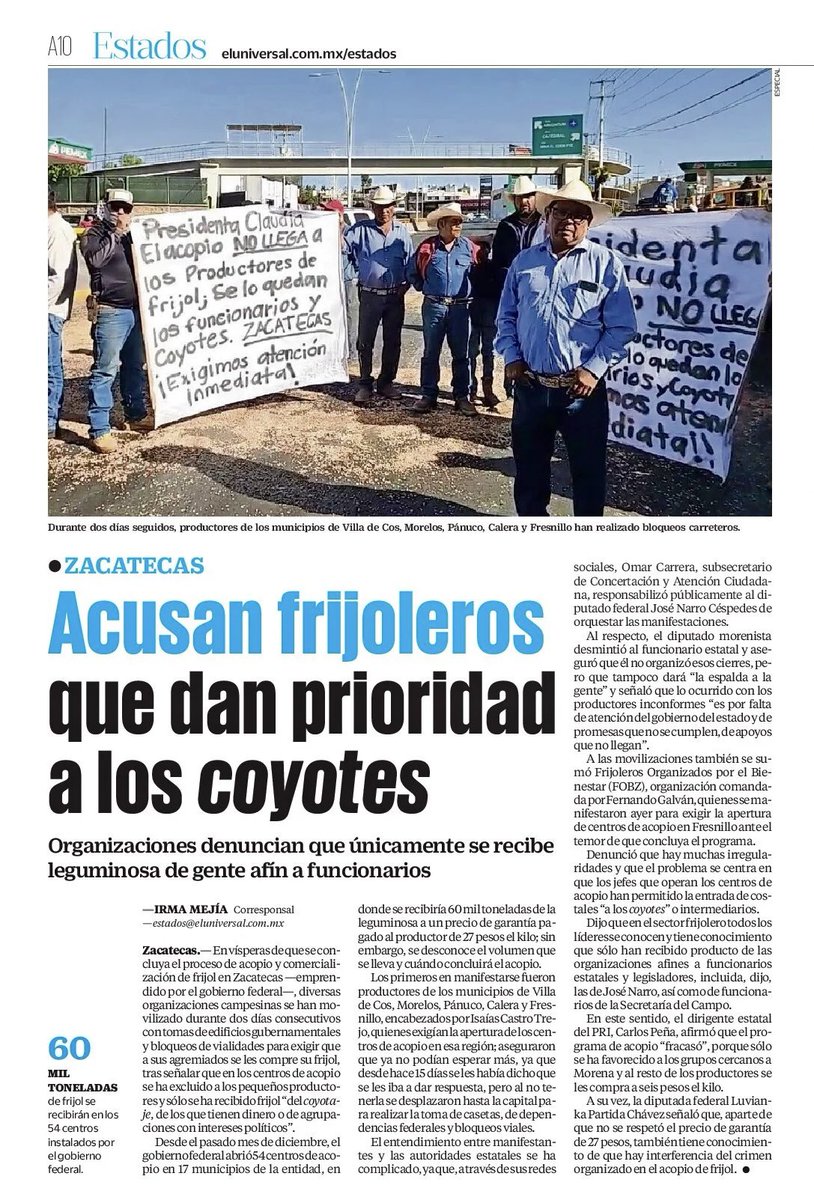 Acusan #frijoleros de #Zacatecas que en los centros de acopio autorizados y operados por el gobierno federal dan prioridad a los “#coyotes”  

Nota completa 👉🏻eluniversal.com.mx/estados/acusan… vía <a href="/El_Universal_Mx/">El Universal</a>