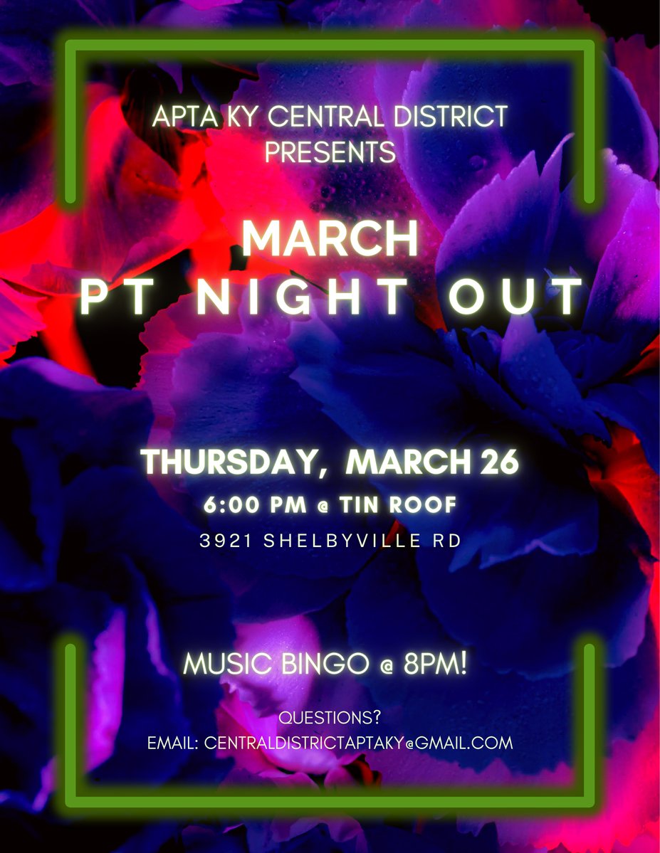 There was a PT who had some fun… and B-I-N-G-O was the name-o 

Join us for a night out with APTA KY Central District!