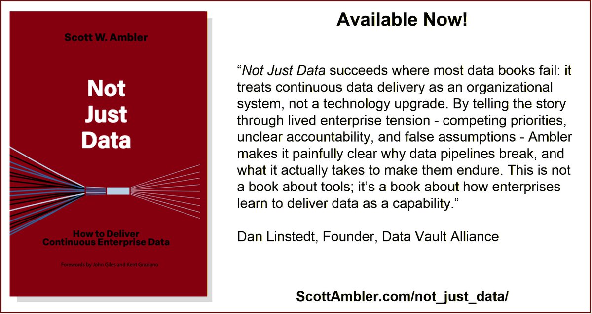 scottwambler's tweet photo. Struggling with providing high-quality data for #artificialIntelligence and data-driven decision making?  My new book, Not Just Data: How to Deliver Continuous Enterprise Data, https://t.co/2d7u3swgeE describes how to address this challenge. https://t.co/dw904y7ypN