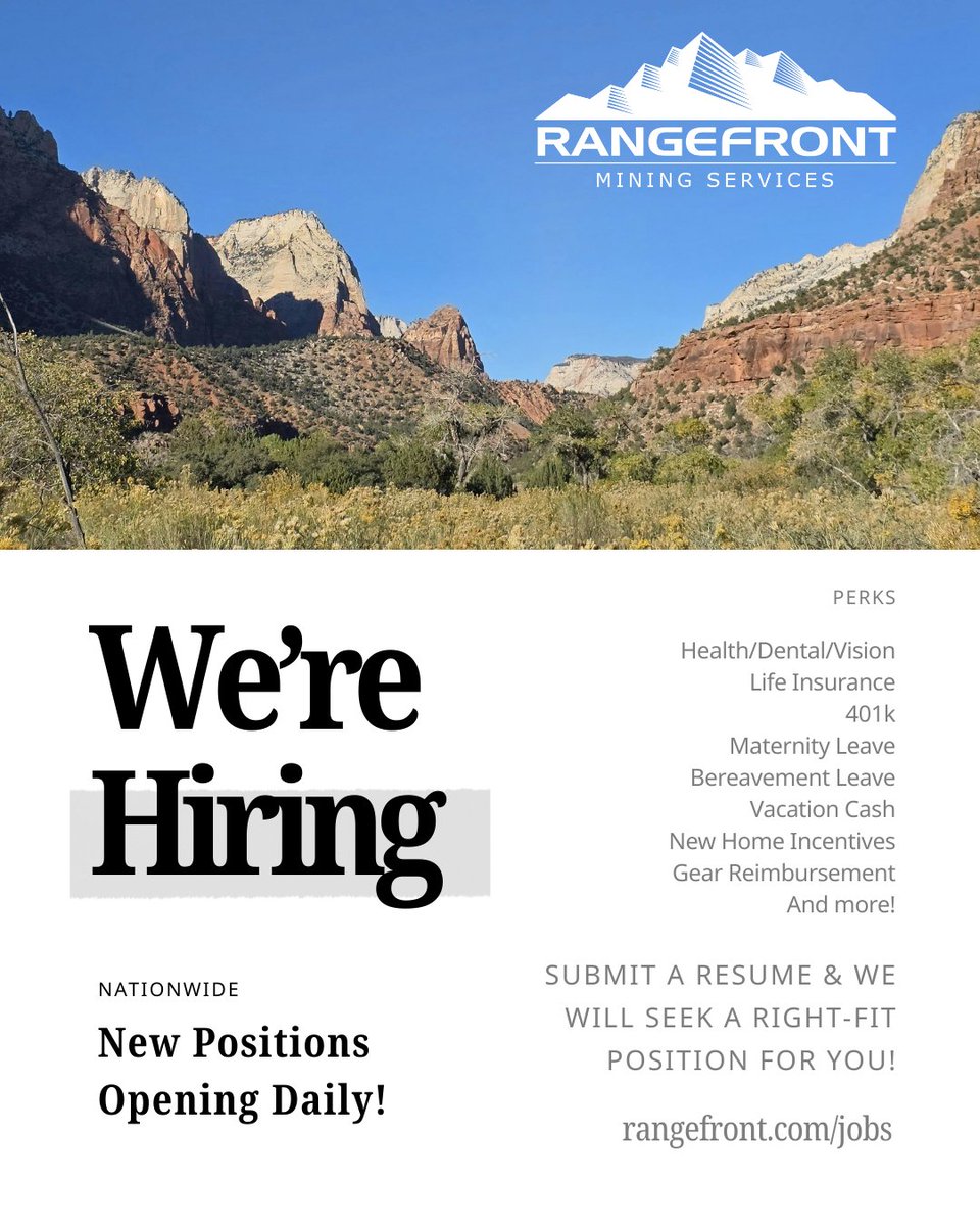Rangefront has new openings in the geological mining industry every day! Whether you’re a seasoned expert or new to the industry, we’d love to hear from you.

Submit your resume: na2.hubs.ly/H04fMzF0

#MiningJobs #GeologyCareers #NowHiring #Rangefront