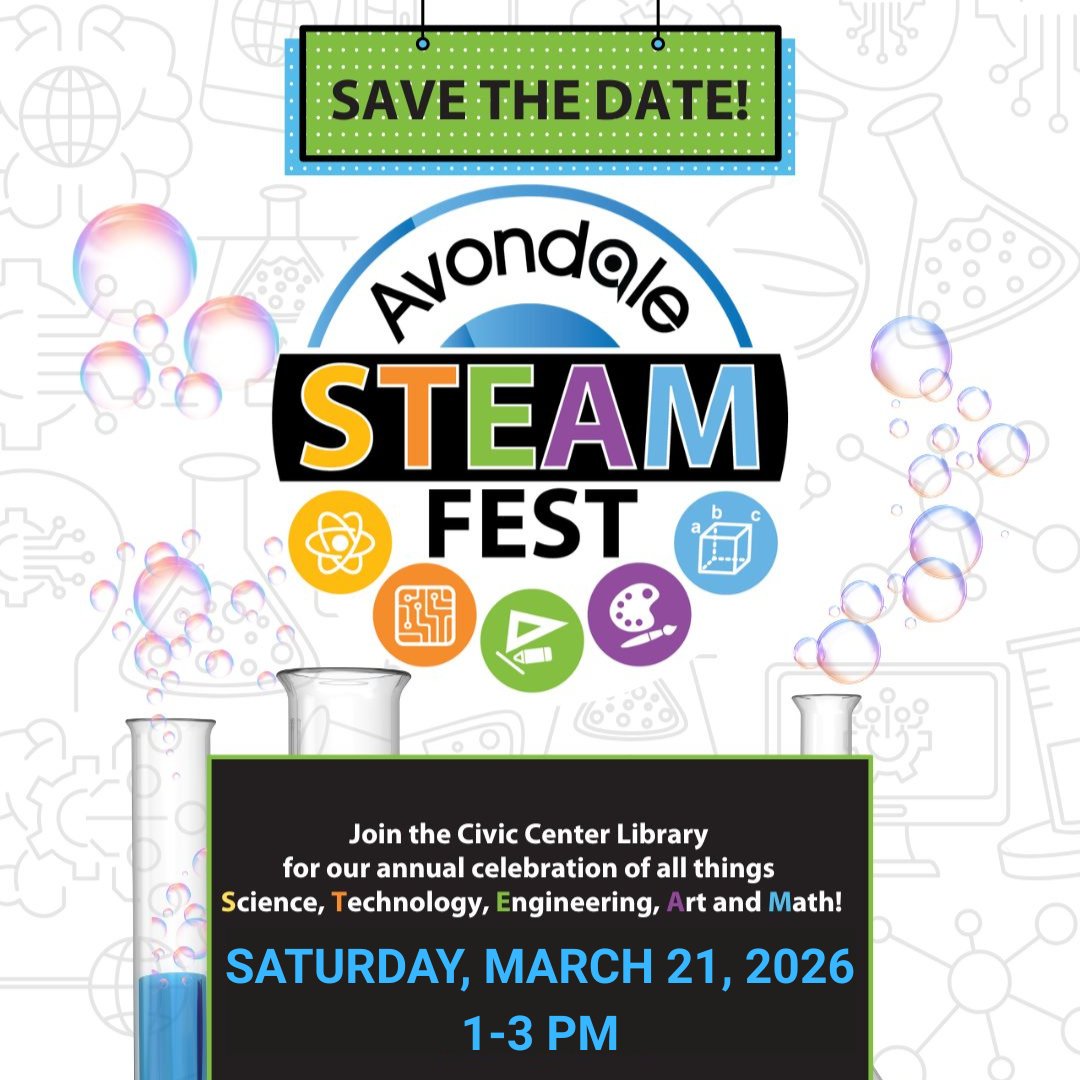 Sumérjase en un día de descubrimiento con MCAQD en el STEAMFest de la Biblioteca Pública de Avondale. Celebre el poder de #STEAM. Visite bit.ly/3JF1VWh para agregar educación sobre #AirQuality a su próximo evento comunitario.