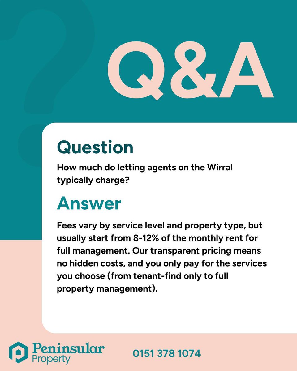 PeninsularProp's tweet photo. How much do Wirral letting agents usually charge? 💭 

Fees vary depending on the service and property, but full management typically starts from around 8–12% of the monthly rent 💰️ 

We provide clear pricing with no hidden fees – you only pay for the services you choose! ✔️ https://t.co/7n9CkVywC9
