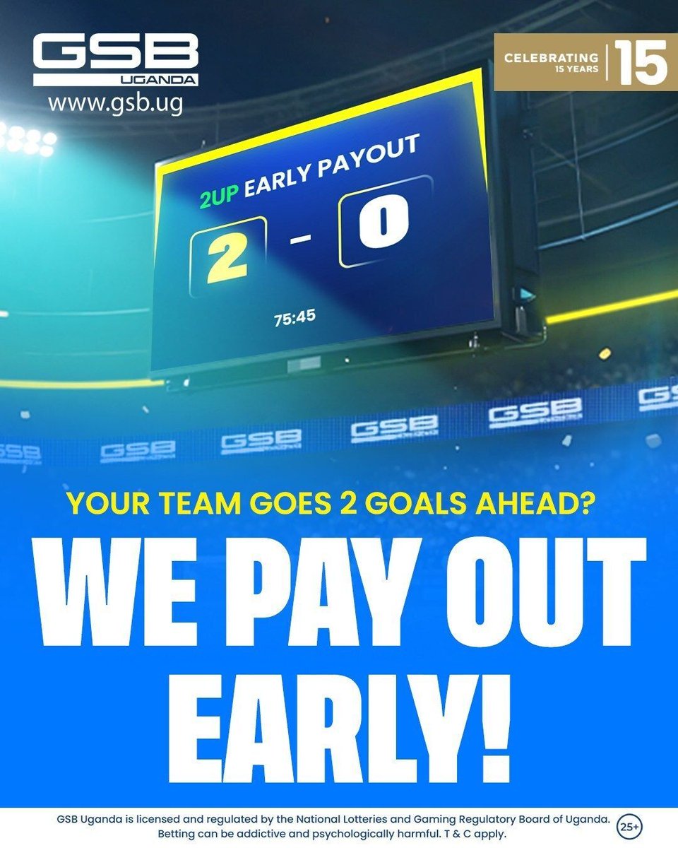 GSB_Uganda's tweet image. 𝐊𝐚 𝟐𝐔𝐏 𝐊𝐚𝐚𝐤𝐚𝐧𝐨 🆕
With 2UP, it’s an Early Payout: once your team leads by 𝟐 𝐆𝐨𝐚𝐥𝐬, your bet is instantly settled as a 𝐖𝐈𝐍, even if the game changes later. 𝐁𝐞𝐭 𝐒𝐦𝐚𝐫𝐭. 𝐁𝐞𝐭 𝟐𝐔𝐏! 🔗 👉🏾 buff.ly/y0dedq2

#GSBUganda | #SportsBetting | #2UP |
