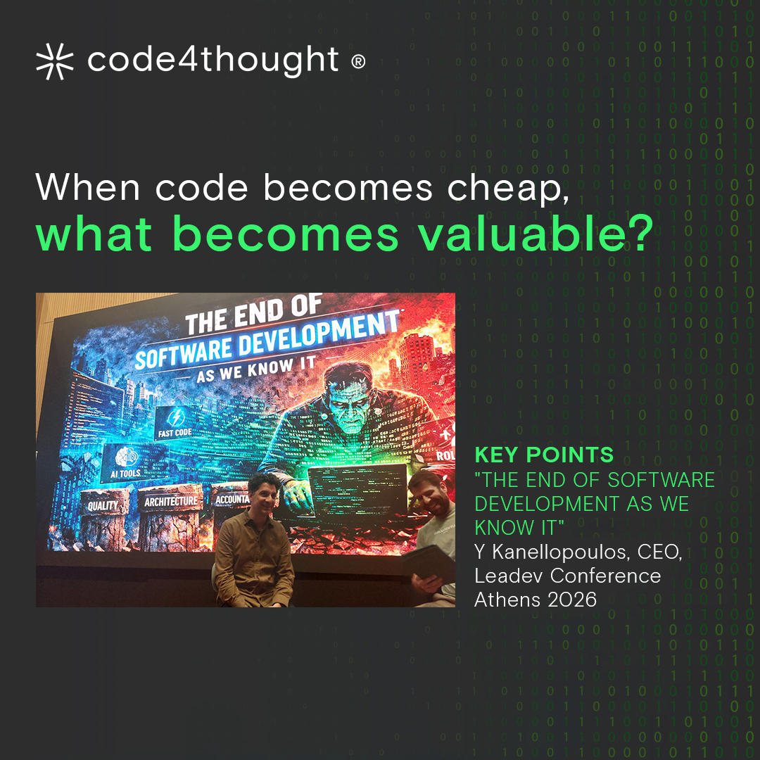 Code4thoughtE's tweet photo. Software development isn’t ending ❌but development without critical thinking is. Keypoints from our CEO’s talk @ LeadDev 

#code4thought https://t.co/vwqS7znSBi
