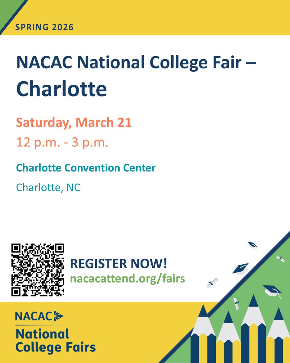 NACACFairs's tweet photo. 🎓 Ready to find your best college match? Don’t miss the NACAC National College Fair in Charlotte, NC.
📅 Join us Saturday, March 21 | 12–3 pm ET
📍 Charlotte Convention Center
Free to attend. Register now: https://t.co/YPNtA06RLj https://t.co/wrfd25Knhn