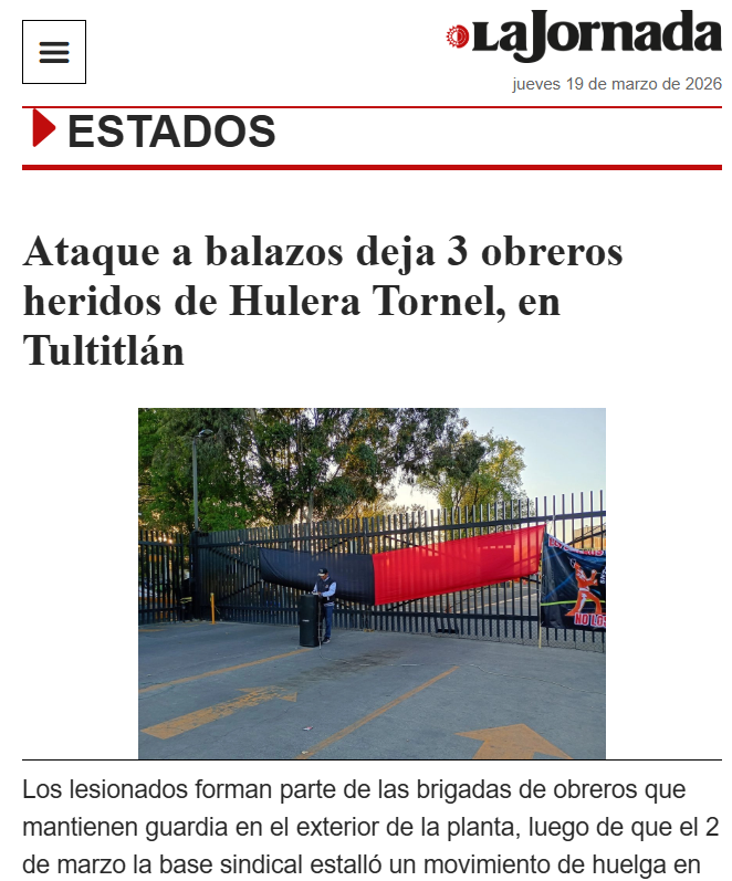 Cuando decimos terrorismo patronal nos referimos a lo que se enfrentan trabajadores que sólo protestaban  sólo para que se respete su contrato colectivo de trabajo en la Hulera Tornel.

No vemos a ninguna Cámara Empresarial indignándose.
#PrimaveraLaboral