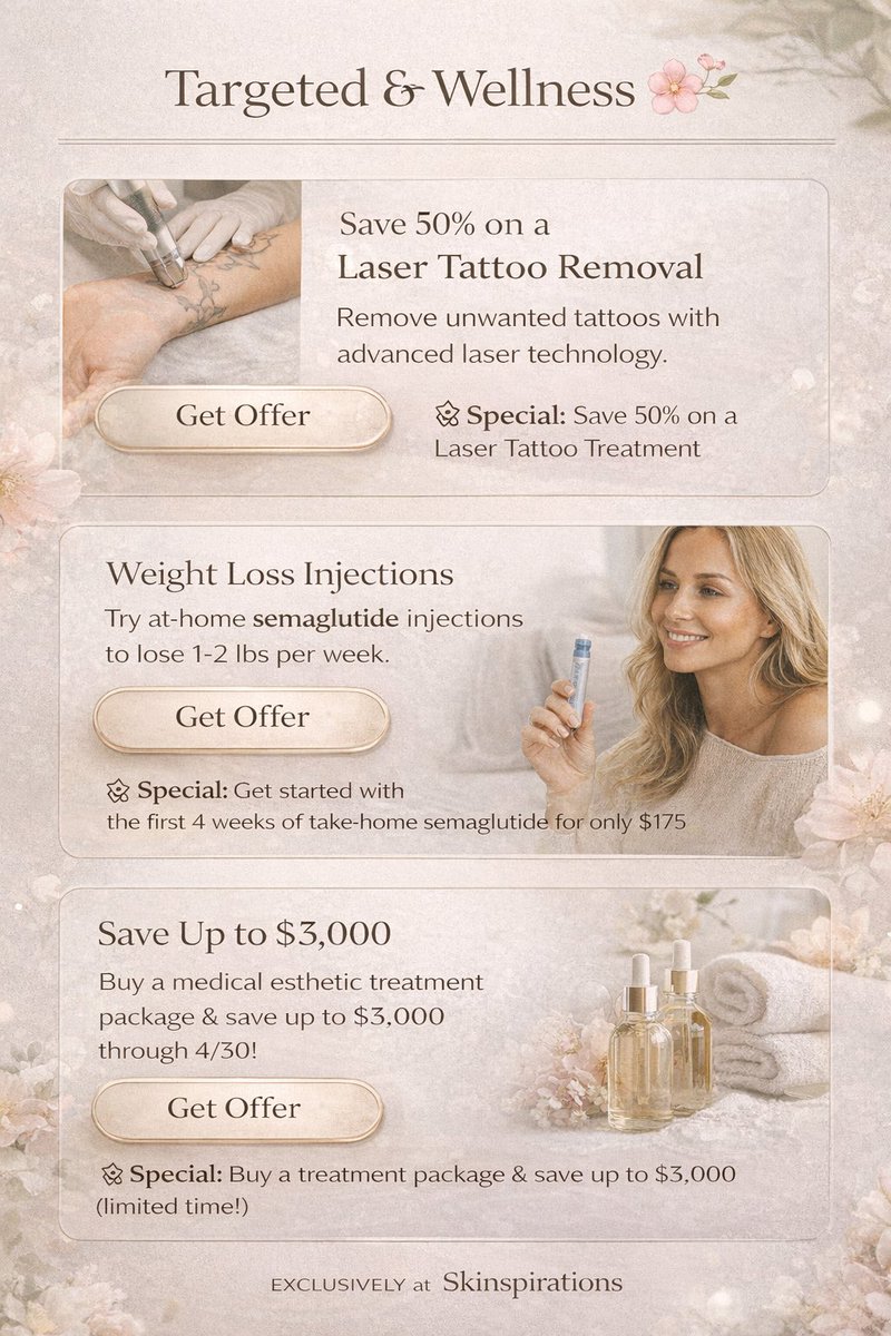 skinspirations's tweet photo. Our spring specials just dropped 🌿

From injectables to skincare to laser treatments, we made this lineup with both new and returning clients in mind!

Let us know what you’re interested in 🤍  #SpringSpecials #AestheticMedicine #HealthySkinJourney #GlowUpSeason https://t.co/OZOPbuvhHL