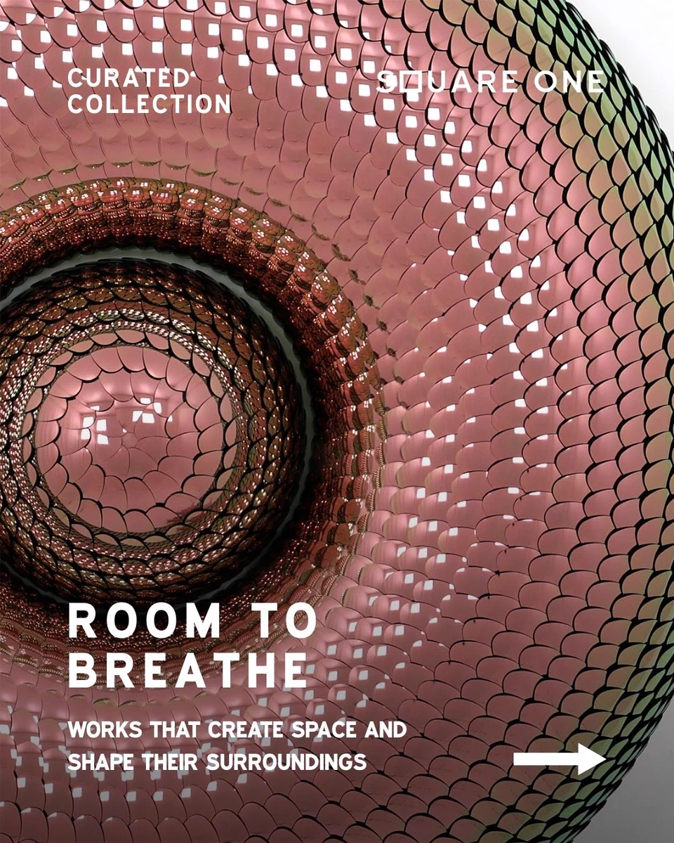 Abstract sculptural form with layered, scale-like surface in rose, copper, and green tones, forming a tunnel-like composition with repeating geometric pattern. Overlaid text reads “Curated Collection – Room to Breathe” and “Works that create space and shape their surroundings.”