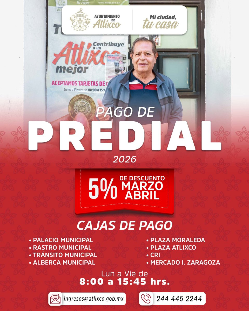 ColumnaNoticias's tweet photo. 💰 ¡Es momento de cumplir y ahorrar!
Aprovecha el 5% de descuento en tu pago predial 2026 durante marzo y abril. 🏡✨

👉 ¡No lo dejes pasar! Paga a tiempo y contribuye a un #AtlixcoMejor
#MiCiudadTuCasa https://t.co/4JijGbTAbk