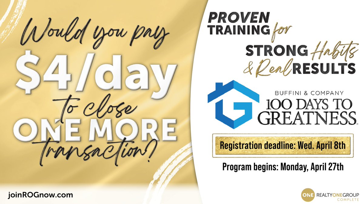 ROGComplete's tweet image. Delivering this great program to our ROG-stars at an incredible discount with our new Brian Buffini partnership! Message for the discount code &amp;amp; visit bit.ly/rog100 to register or visit joinROGnow.com to join the best #UNbrokerage!

#joinROGnow #RealtyONEGroup