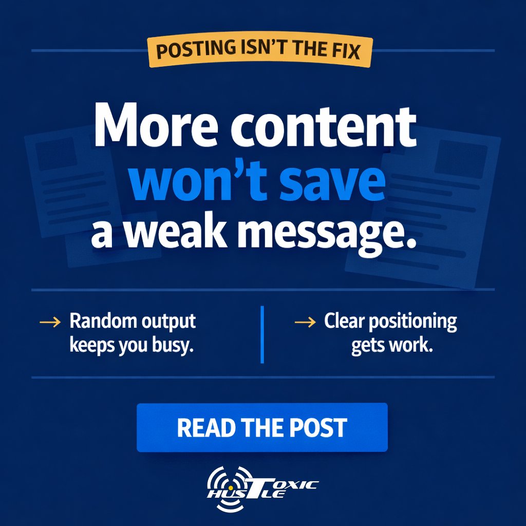 ToxicHustle's tweet photo. Posting more is not a strategy if the message is weak. More output just spreads confusion faster. Clear positioning beats random volume every time. https://t.co/jWa5RPIV3j #ContentMarketing #MarketingRefresh #LeadGen https://t.co/1t1zUHNc1i